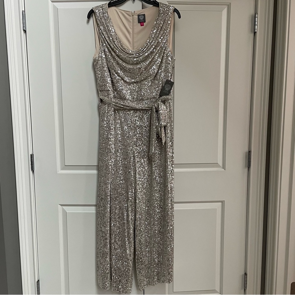NWT Vince Camuto Silver Sequin Cowl Neck Sleeveless Tie Waist Wide Leg Jumpsuit - Picture 2 of 16